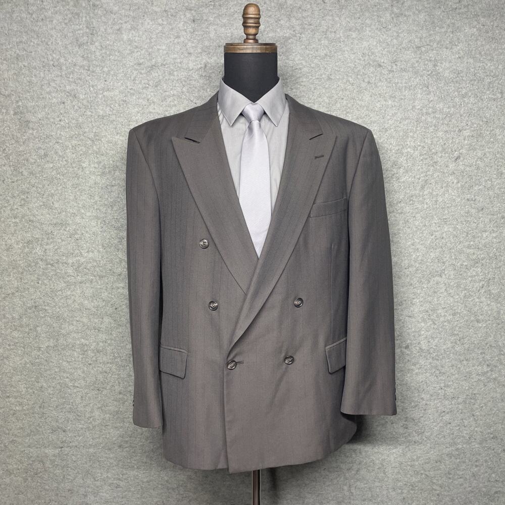 Varra of Italy Men 44R Double Breasted Blazer Sport Coat Taupe w/Blue Red Stripe